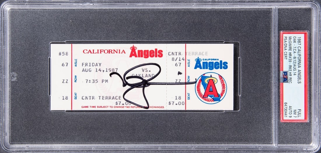 Mark McGwire Signed Full Ticket 39th Home Run 8-14-1987 PSA Authenticated: Mark McGwire Signed Full Ticket 39th Home Run 8-14-1987 PSA Authenticated This item features a full ticket from the historic game where Mark McGwire hit his 39th home run on August 14, 1987, breaking