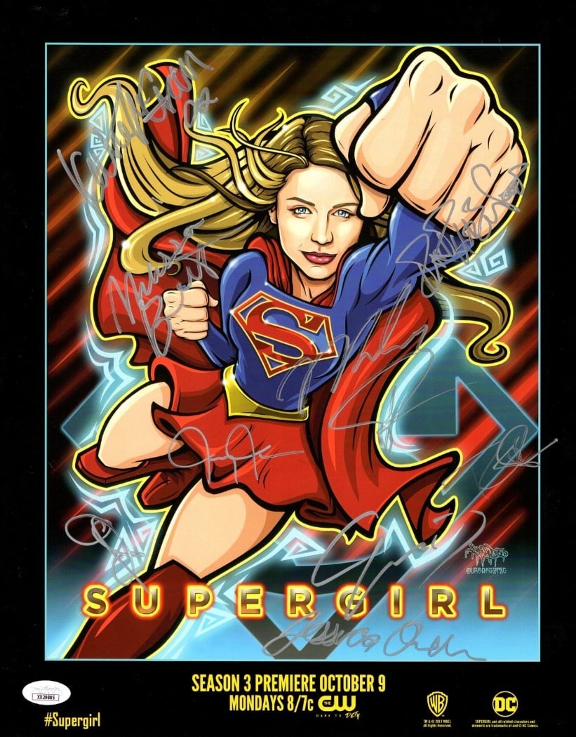 Supergirl Cast Signed 12X15 Poster with 9 Autographs JSA Certified: Supergirl Cast Signed 12X15 Poster with 9 Autographs JSA Certified This original 12x15 poster features the cast of Supergirl, autographed by Melissa Benoist, Katie McGrath, Jeremy Jordan, Mehcad Brook