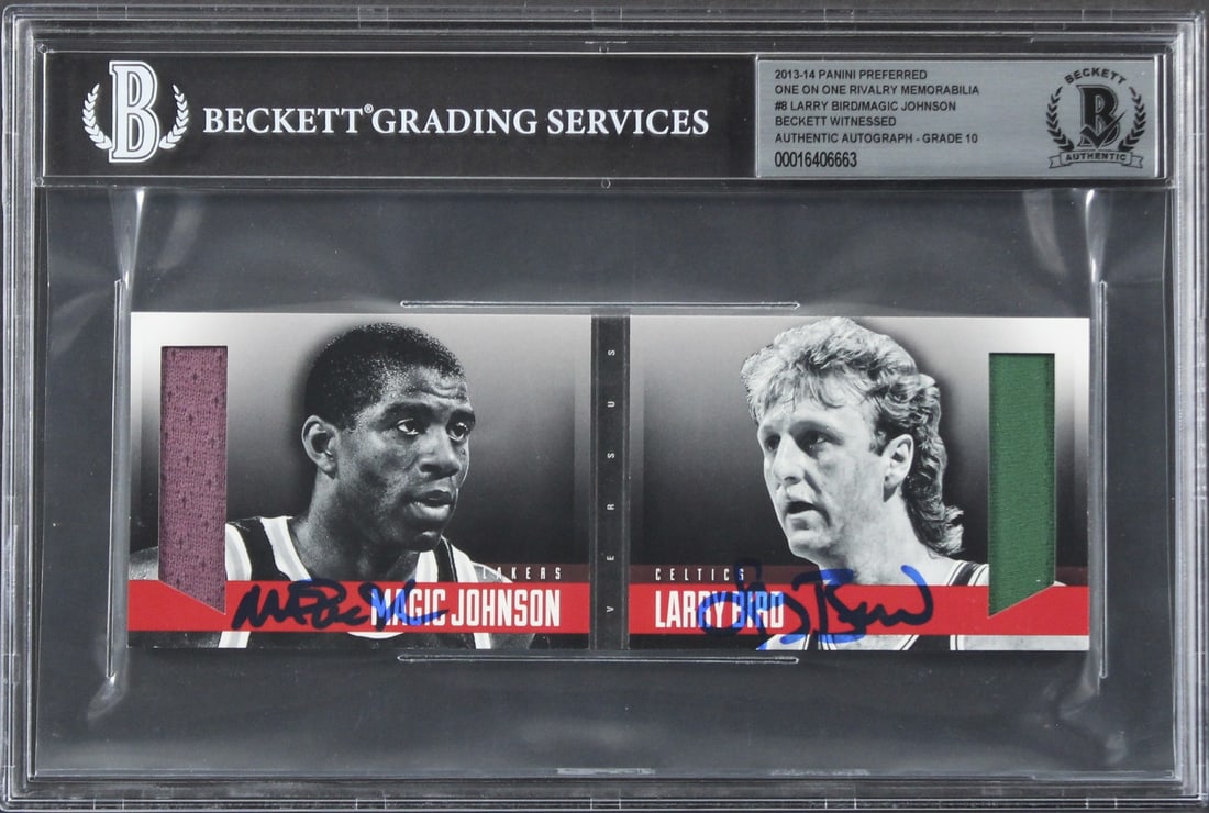 Larry Bird Magic Johnson Signed 2013 Panini Preferred #8 Card Gem Mint 10 Beckett: Larry Bird Magic Johnson Signed 2013 Panini Preferred #8 Card Gem Mint 10 Beckett This is a signed 2013 Panini Preferred #8 card featuring basketball legends Larry Bird and Magic Johnson. The card is