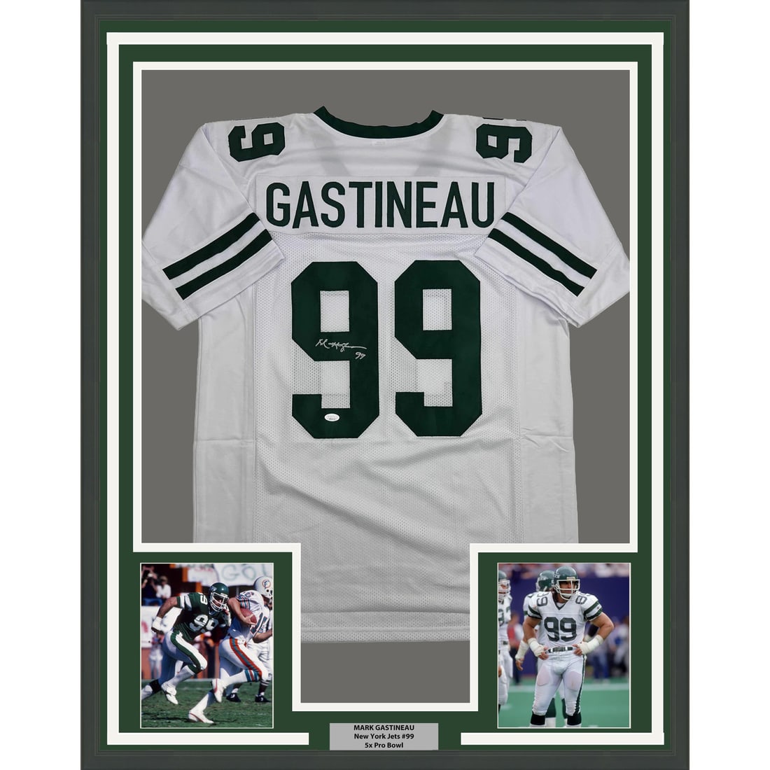 Mark Gastineau Signed New York White Jersey Framed 35x39 JSA COA With Photos: Mark Gastineau Signed New York White Jersey Framed 35x39 JSA COA With Photos This framed display features a New York Jets white jersey autographed by Mark Gastineau. The jersey is professionally frame