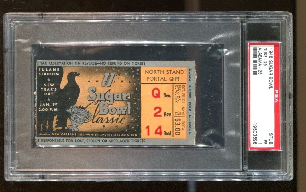 1945 Sugar Bowl Ticket Duke vs Alabama Crimson Tide PSA 3696: 1945 Sugar Bowl Ticket Duke vs Alabama Crimson Tide PSA 3696 This is an original ticket stub from the 1945 Sugar Bowl featuring the Duke Blue Devils against the Alabama Crimson Tide. A rare collectibl