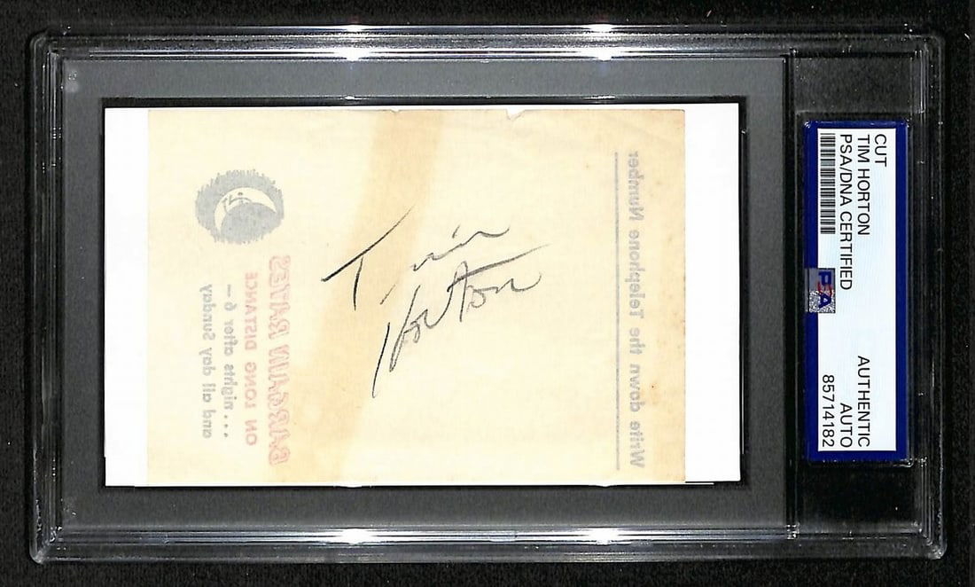 Tim Horton Maple Leafs Signed 3x5 Cut Card PSA DNA Authenticated: Tim Horton Maple Leafs Signed 3x5 Cut Card PSA DNA Authenticated This is an original 3x5 card cut featuring the autograph of hockey Hall of Famer Tim Horton from the Maple Leafs. The signed card has