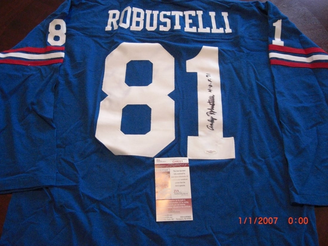 Andy Robustelli Signed Jersey New York Giants HOF 1971 JSA COA Rare: Andy Robustelli Signed Jersey New York Giants HOF 1971 JSA COA Rare This is a very rare signed jersey of Andy Robustelli, an iconic player for the New York Giants and a member of the Pro Football Hall