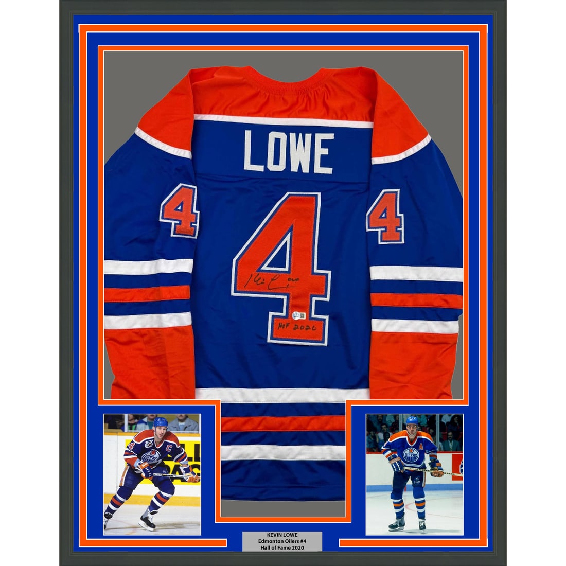 Framed Kevin Lowe Autographed Edmonton Oilers Jersey with Beckett COA: Framed Kevin Lowe Autographed Edmonton Oilers Jersey with Beckett COA Celebrate the legacy of NHL legend Kevin Lowe with this professionally framed and autographed Edmonton Oilers jersey. This stunnin