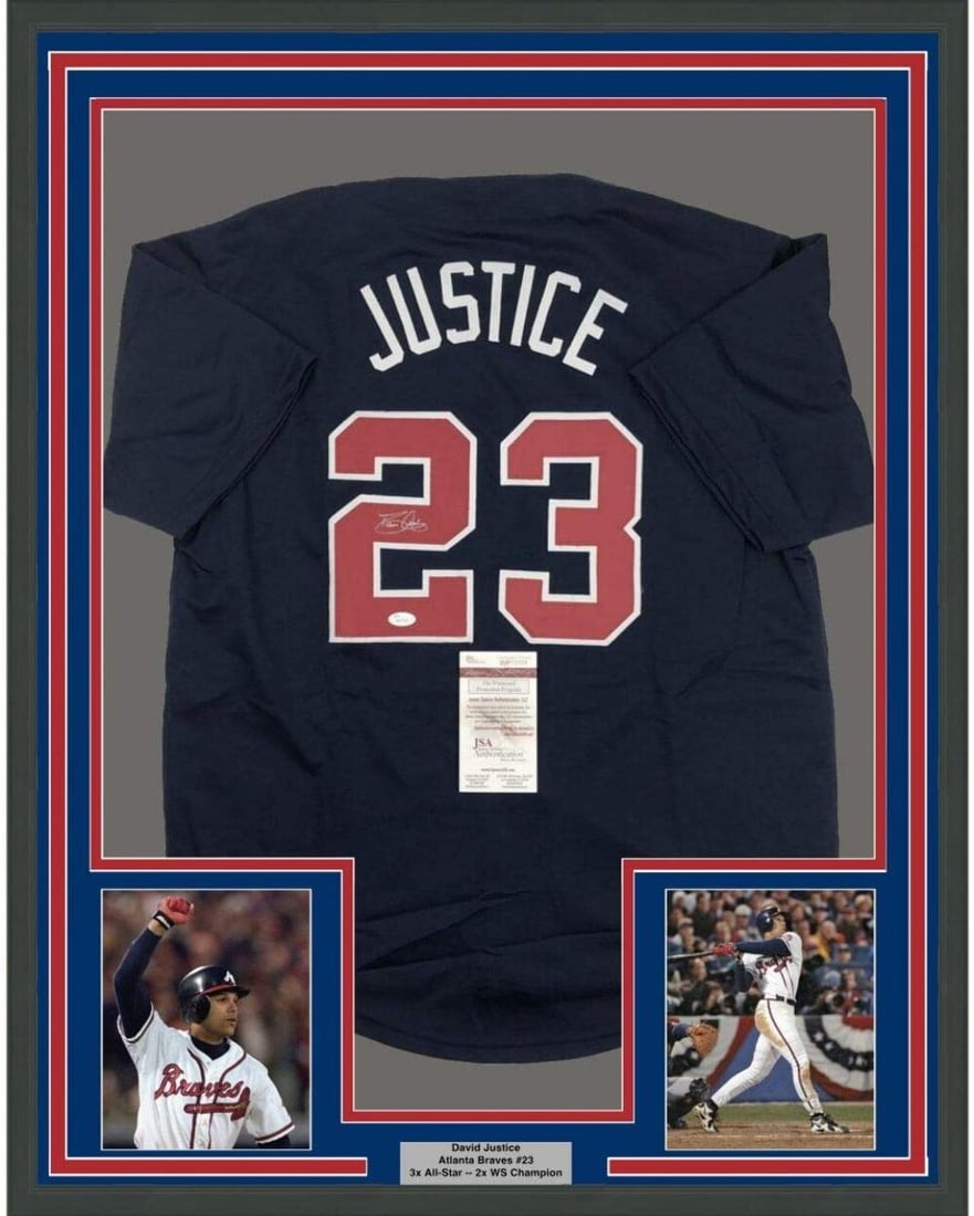 David Justice Signed Atlanta Braves Jersey Framed Display 35x39 With JSA Authentication: David Justice Signed Atlanta Braves Jersey Framed Display 35x39 With JSA Authentication This professionally framed and matted Atlanta Braves blue jersey features an authentic autograph from David Just
