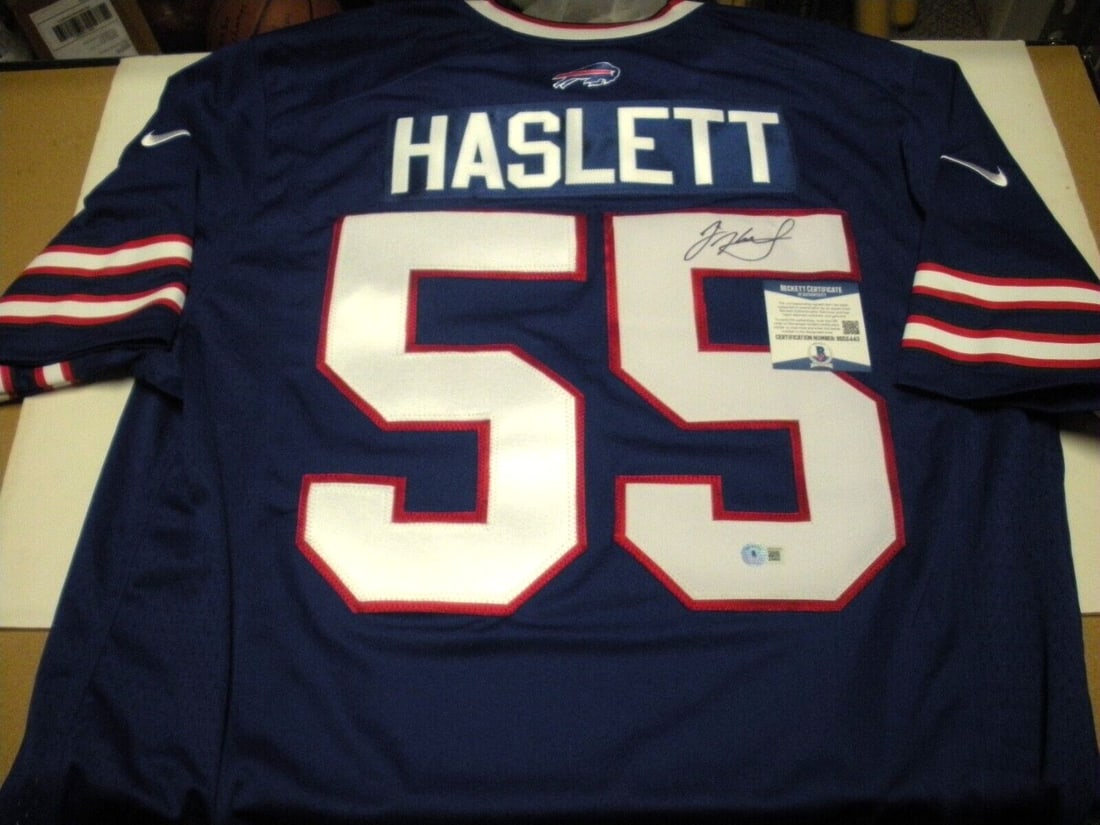 Jim Haslett Buffalo Bills Signed Nike Jersey with COA: Jim Haslett Buffalo Bills Signed Nike Jersey with COA This officially licensed Nike jersey is a remarkable collectible featuring the signature of Jim Haslett, a celebrated player from the Buffalo Bill