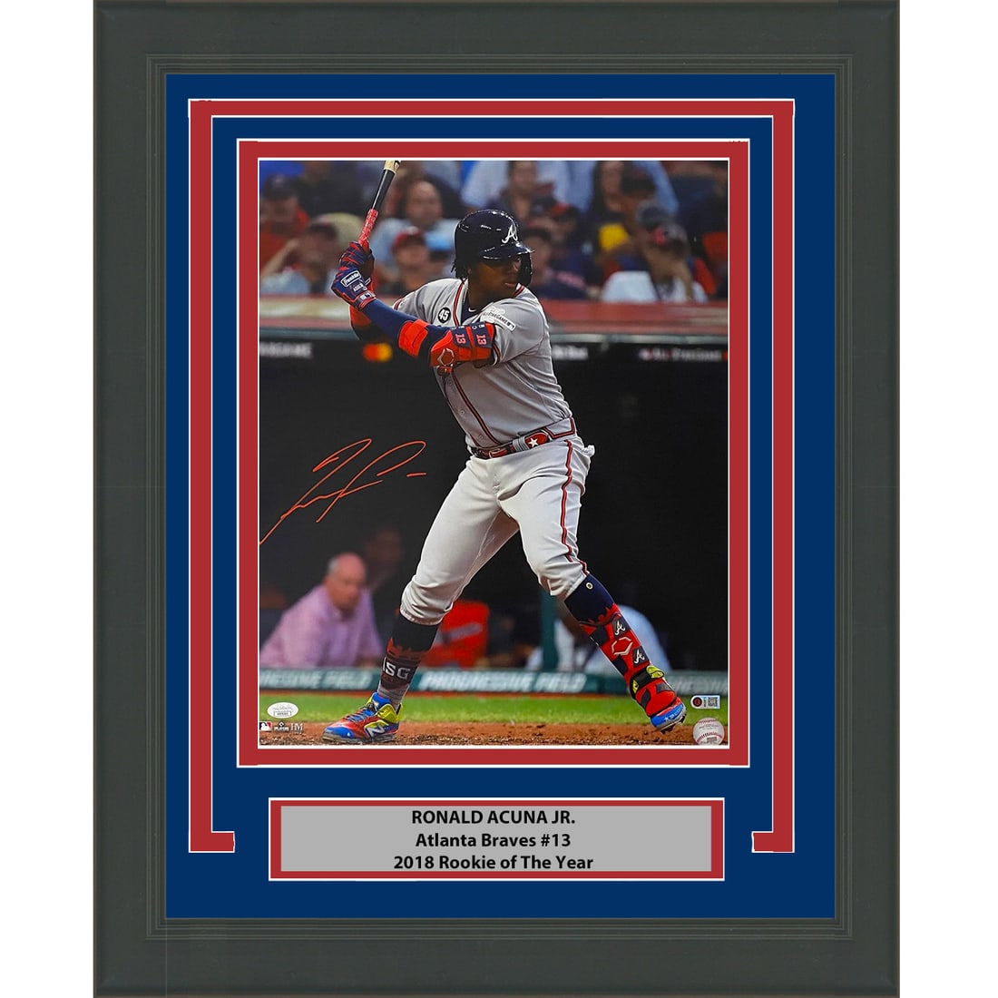 Framed Ronald Acuna Jr. Signed 16x20 Photo with JSA COA: Framed Ronald Acuna Jr. Signed 16x20 Photo with JSA COA Celebrate the excitement of baseball with this framed autographed photo of Ronald Acuna Jr., a standout player for the Atlanta Braves. This orig