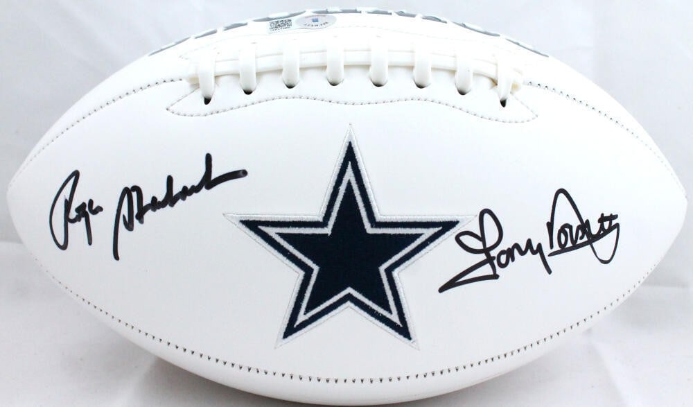Tony Dorsett Roger Staubach Signed Dallas Cowboys Football Beckett Authenticated: Tony Dorsett Roger Staubach Signed Dallas Cowboys Football Beckett Authenticated This original Dallas Cowboys logo football features the signatures of two legendary players, Tony Dorsett and Roger Sta