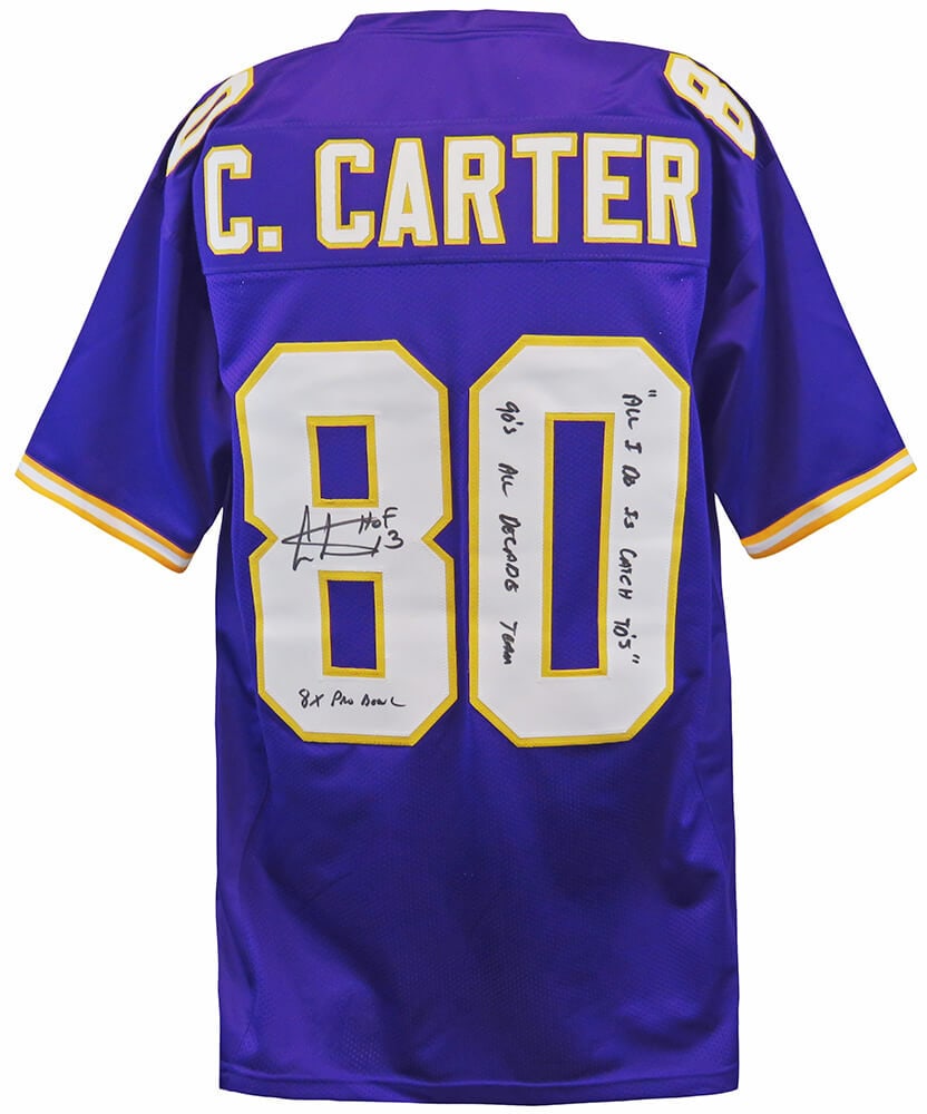 Cris Carter Signed Purple Jersey HOF 13 Catch TDs Vikings COA: Cris Carter Signed Purple Jersey HOF 13 Catch TDs Vikings COA Cris Carter Signed Purple Jersey HOF 13 Catch TDs Vikings COA Celebrate the legacy of Cris Carter with this signed purple custom football
