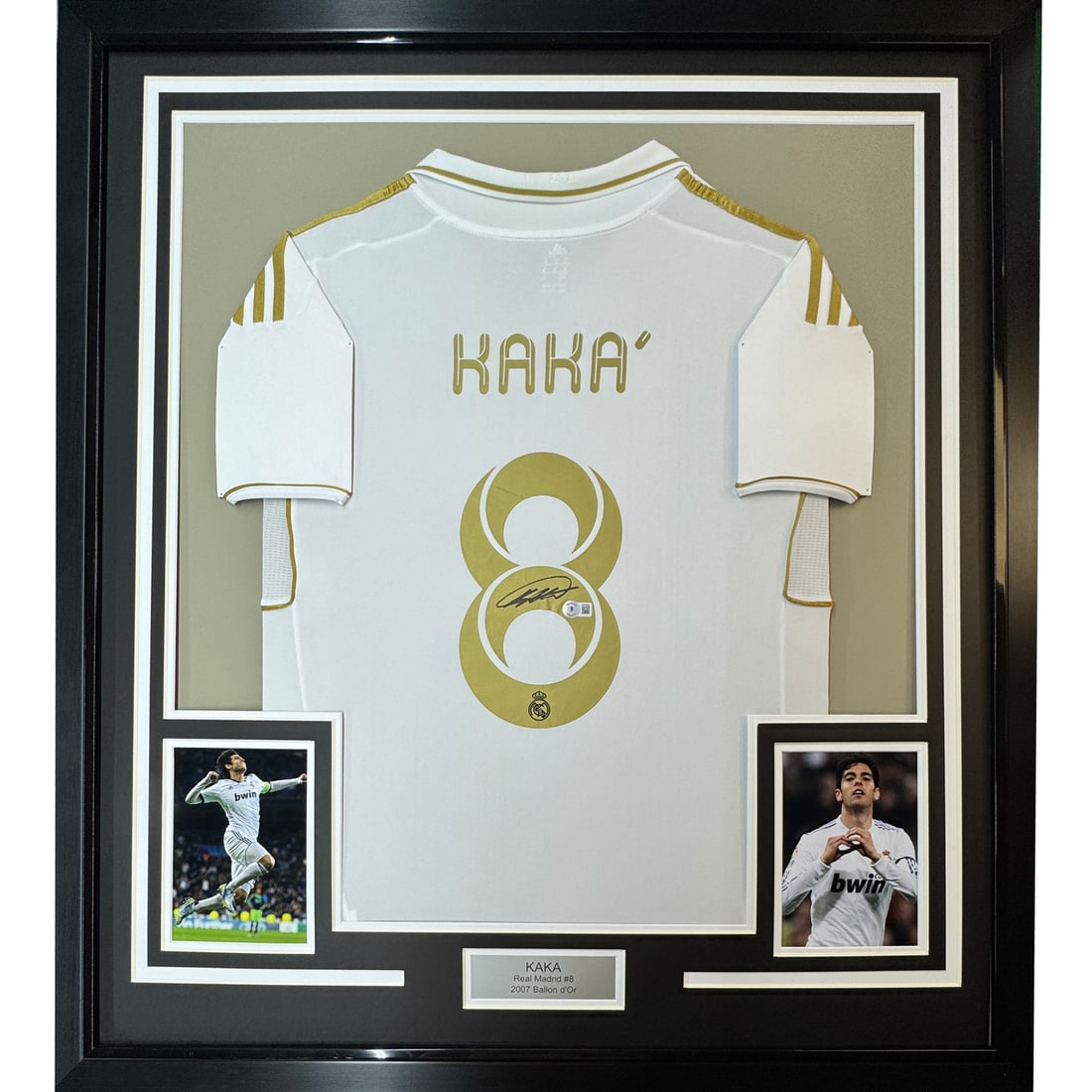Framed Signed Ricardo Kaka Real Madrid Jersey with BAS COA: Framed Signed Ricardo Kaka Real Madrid Jersey with BAS COA Celebrate your passion for football with this professionally framed and autographed Ricardo Kaka Real Madrid white jersey. Measuring 35x39 in