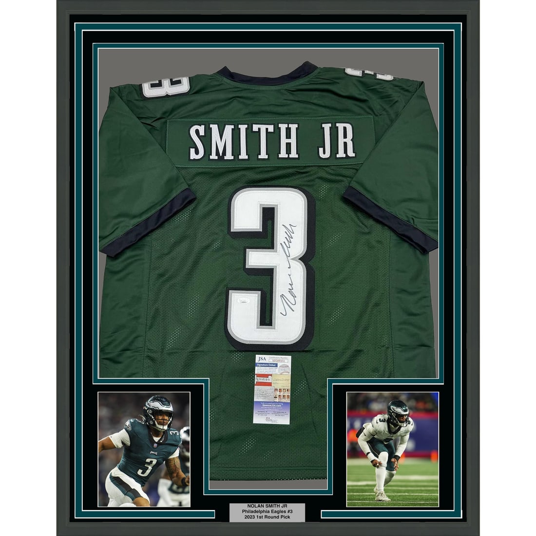 Framed Autographed Nolan Smith Jr Philadelphia Eagles Jersey with JSA COA: Framed Autographed Nolan Smith Jr Philadelphia Eagles Jersey with JSA COA This professionally framed and matted item features an autographed Nolan Smith Jr. Philadelphia Eagles green jersey, complete
