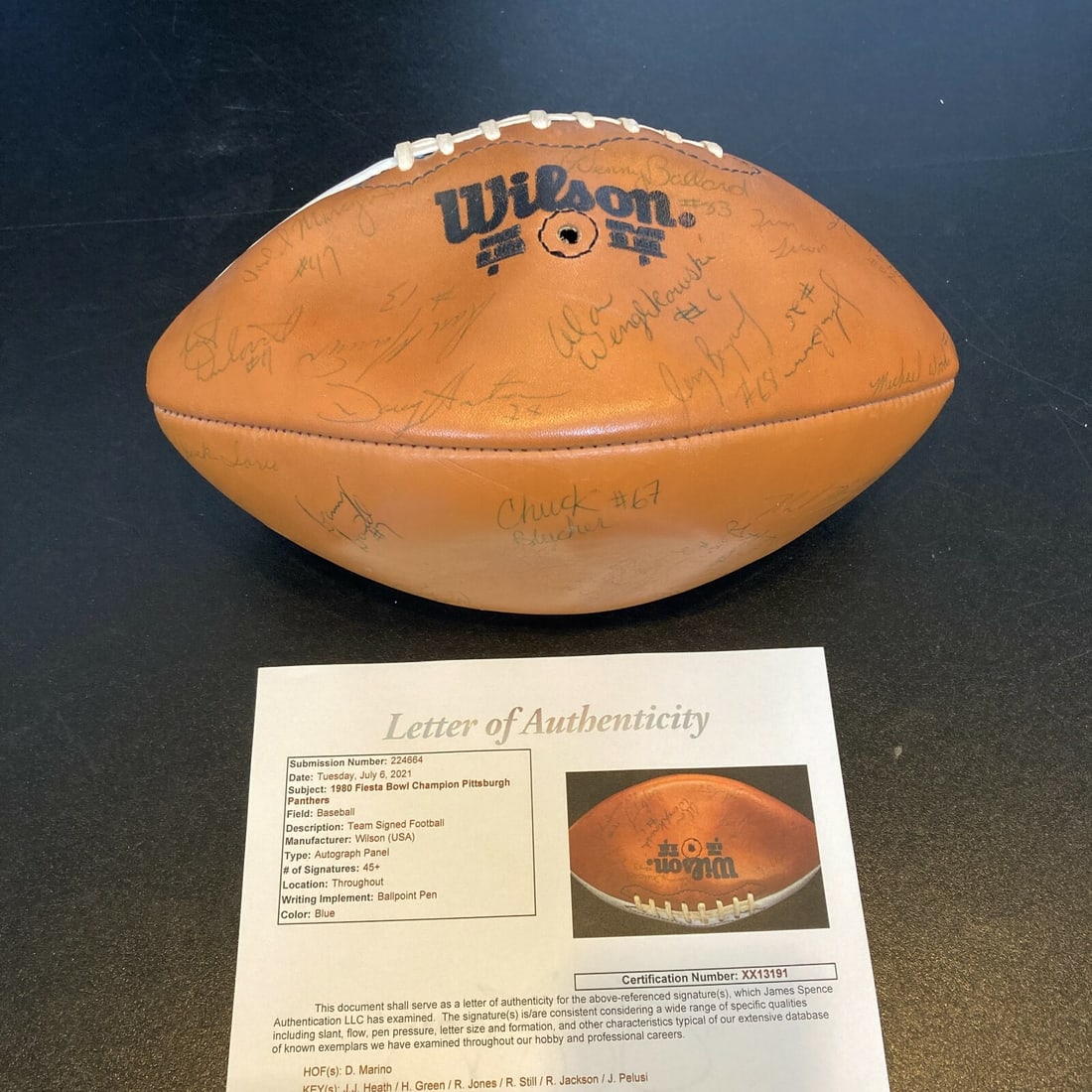 1979 Pittsburgh Panthers Team Signed Football with Dan Marino JSA Authenticated: 1979 Pittsburgh Panthers Team Signed Football with Dan Marino JSA Authenticated This original 1979 Pittsburgh Panthers team signed football features over 45 signatures, including NFL legend Dan Marino