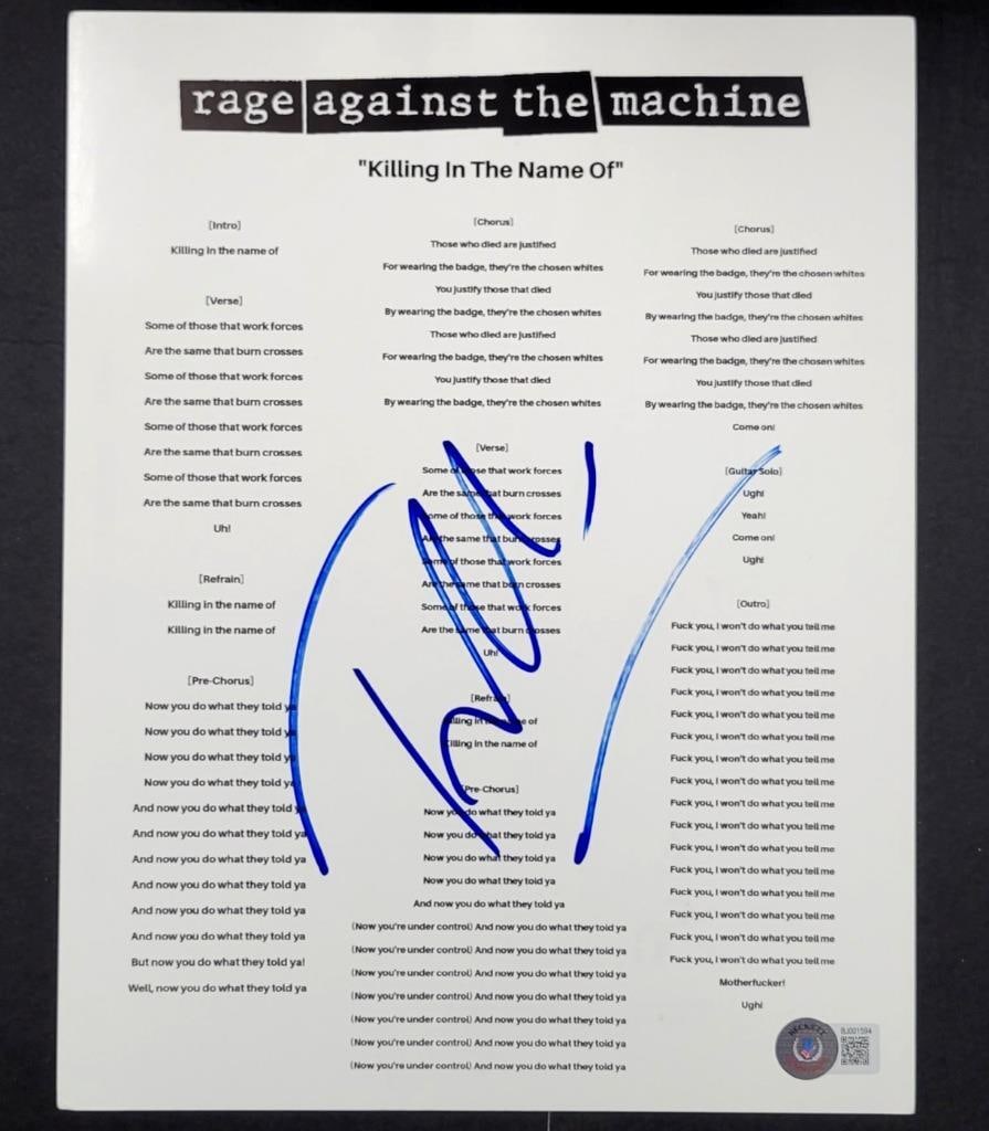 8.5x11 lyric sheet signed by Tom Morello Killing in the Name Beckett authenticated (1 of 3)