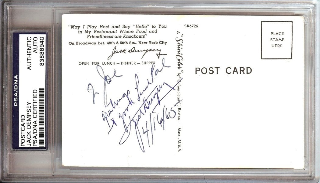 Jack Dempsey Autographed Postcard 4x7 PSA/DNA Authentic 1965 (1 of 2)