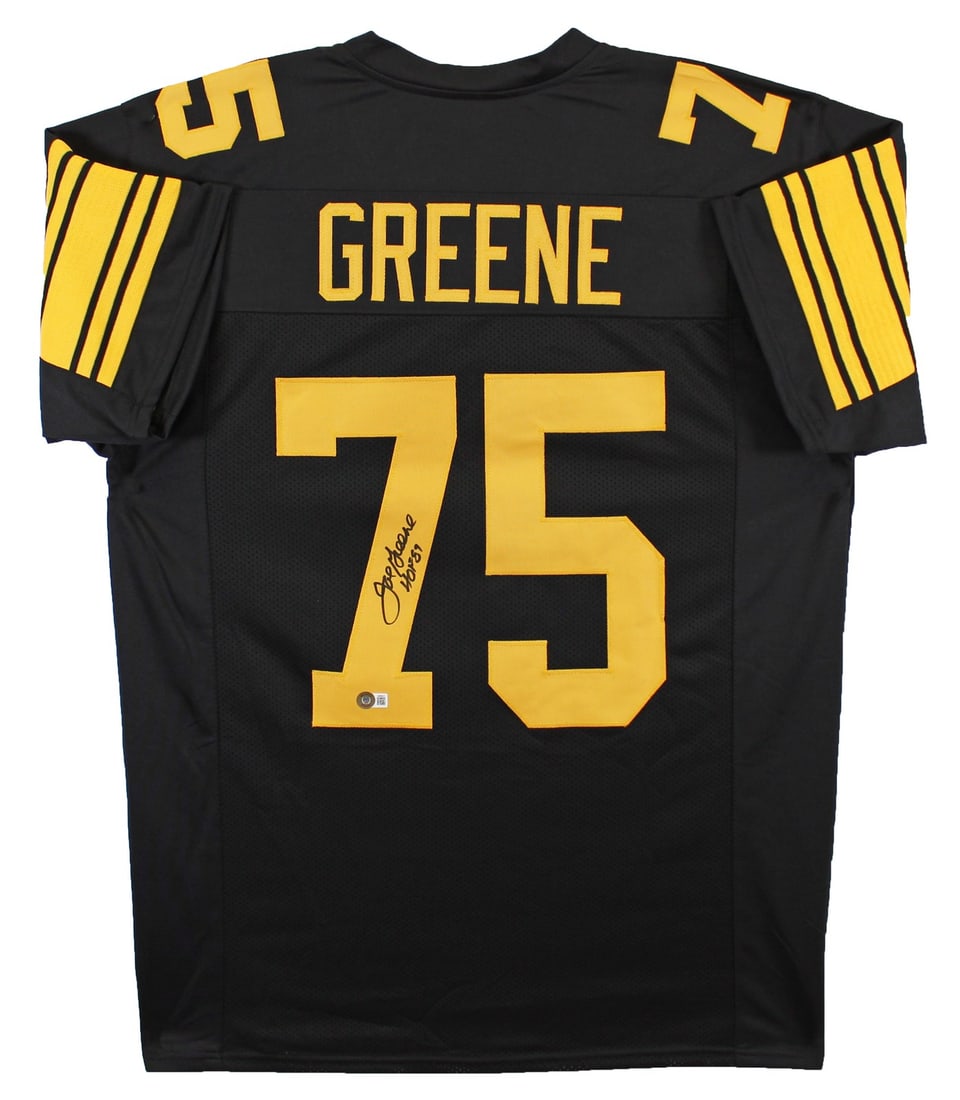 Joe Greene Signed Pittsburgh Steelers Jersey HOF 87 BAS Authenticated: Joe Greene Signed Pittsburgh Steelers Jersey HOF 87 BAS Authenticated Celebrate the legacy of Joe Greene with this authentic black pro-style jersey featuring striking yellow numbers and the inscriptio