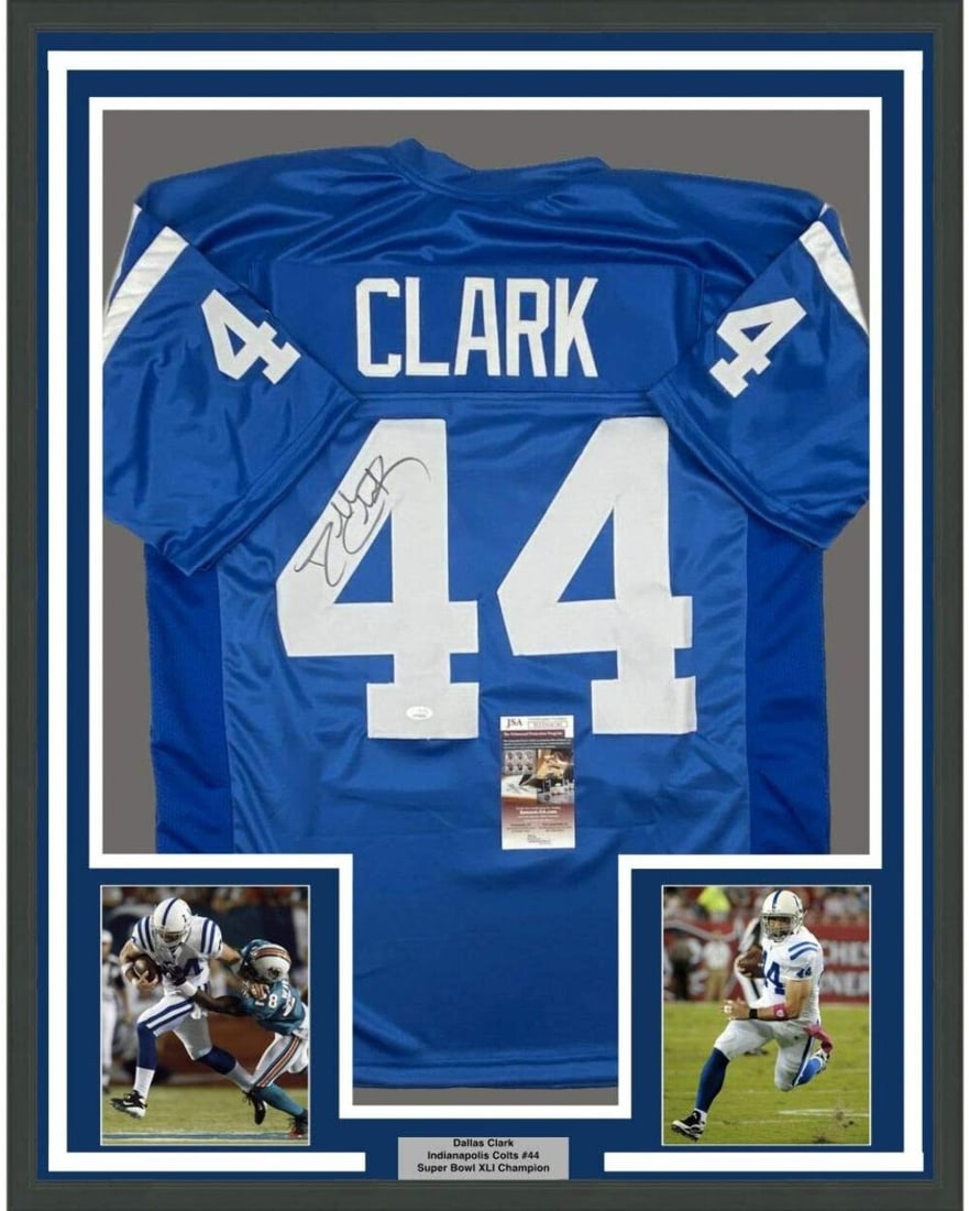 Dallas Clark Signed Indianapolis Colts Jersey 33x42 Framed Display JSA Authenticated: Dallas Clark Signed Indianapolis Colts Jersey 33x42 Framed Display JSA Authenticated This professionally framed and matted Indianapolis Colts blue jersey is autographed by Dallas Clark. The display in