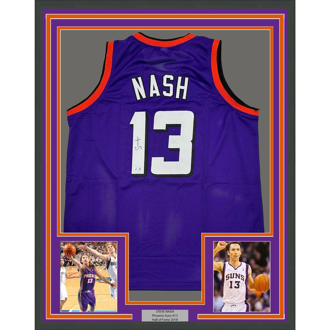 Framed Steve Nash Autographed Purple Jersey 35x39 Phoenix Suns Beckett COA: Framed Steve Nash Autographed Purple Jersey 35x39 Phoenix Suns Beckett COA Celebrate the legacy of Steve Nash with this framed, autographed Phoenix Suns jersey. This original piece features an authent