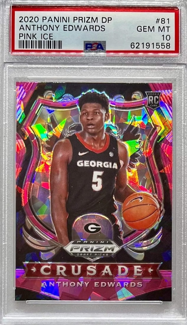 2020 Panini Prizm DP Anthony Edwards #81 Pink Ice PSA 10 Card: 2020 Panini Prizm DP Anthony Edwards #81 Pink Ice PSA 10 Card This 2020 Panini Prizm DP Anthony Edwards #81 Pink Ice Basketball Card is graded PSA 10, ensuring its top-tier quality. Authenticated by P