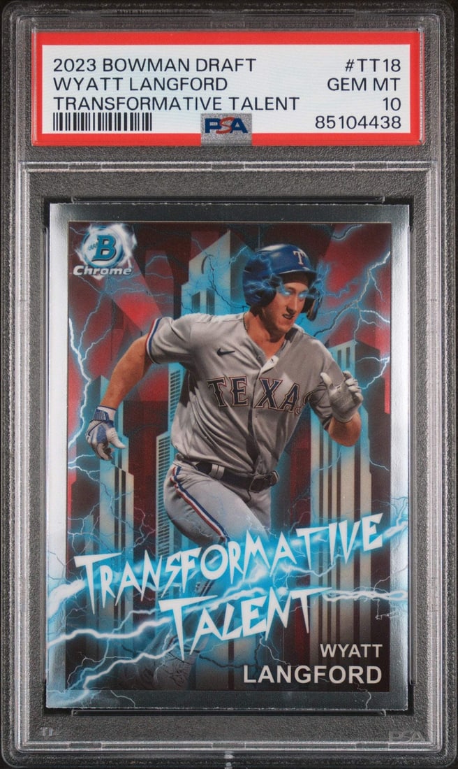 Wyatt Langford 2023 Bowman Draft #TT18 PSA 10 Baseball Card Texas Rangers: Wyatt Langford 2023 Bowman Draft #TT18 PSA 10 Baseball Card Texas Rangers This is a graded 2023 Bowman Draft Wyatt Langford #TT18 Trans Talent Baseball Card, certified with a PSA 10 grade. The card fe