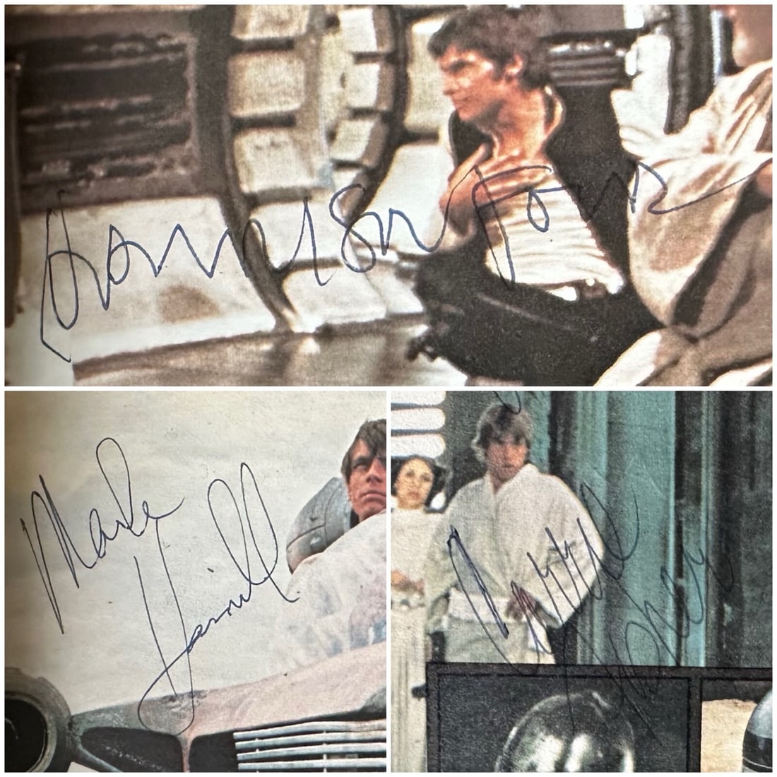 1977 Star Wars Book Signed by Ford Fisher Hamill Beckett Authenticated: 1977 Star Wars Book Signed by Ford Fisher Hamill Beckett Authenticated This is a softcover edition of the "Star Wars" novel, authored by George Lucas and published by Ballantine Books. The book is aut