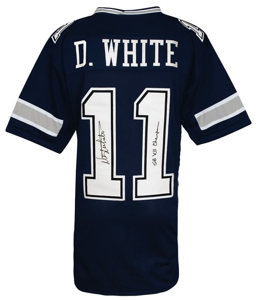 Danny White Signed Navy Custom Jersey with SB Champs Inscription: Danny White Signed Navy Custom Jersey with SB Champs Inscription Celebrate the legacy of NFL star Danny White with this signed navy custom football jersey featuring the inscription 'SB XII Champs.' Th