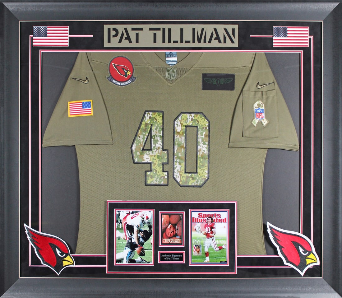 Pat Tillman Signed 1998 Fleer Tradition Framed Display JSA COA: Pat Tillman Signed 1998 Fleer Tradition Framed Display JSA COA This stunning framed display features a 1998 Fleer Tradition Checklist #250, personally signed by Pat Tillman, the iconic player of the