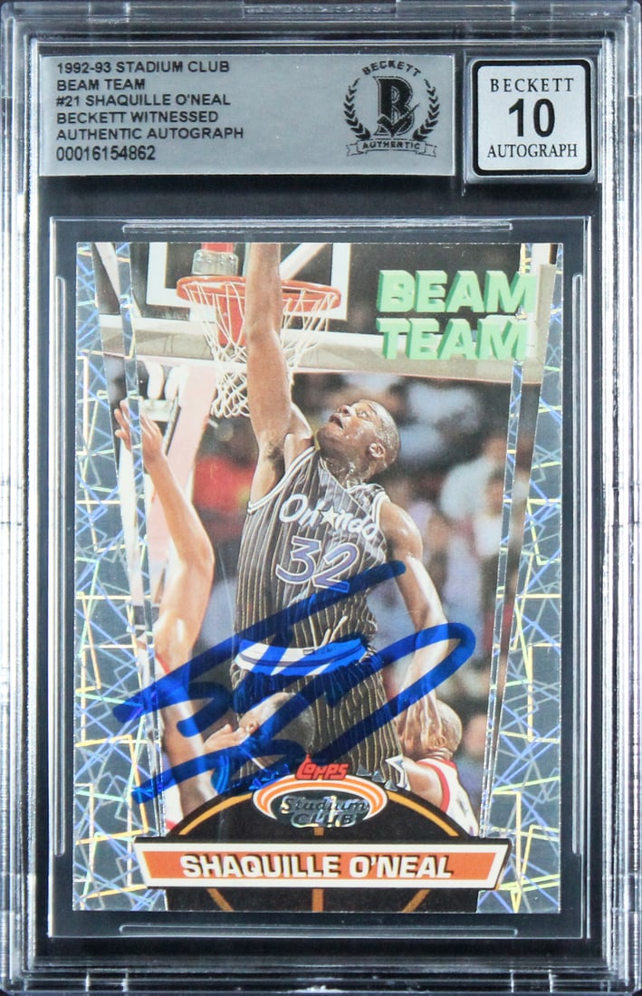 Shaquille O'Neal Signed 1992 Stadium Club Beam Team Rookie Card Gem Mint 10 Beckett: Shaquille O'Neal Signed 1992 Stadium Club Beam Team Rookie Card Gem Mint 10 Beckett Elevate your collection with this gem, the 1992 Stadium Club Beam Team #21 Rookie Card, personally signed by basketb