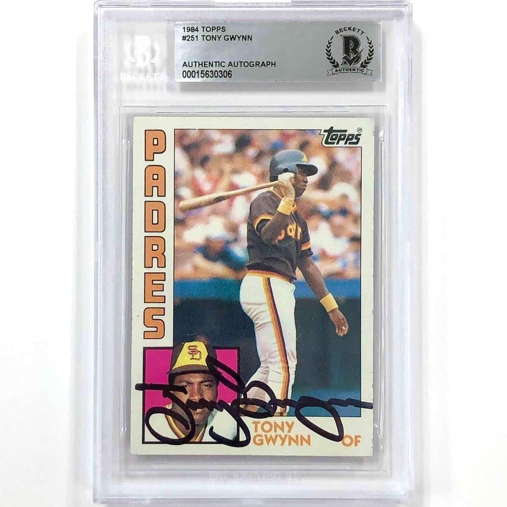1984 Topps Padres Card Signed by Tony Gwynn Beckett Authenticated: 1984 Topps Padres Card Signed by Tony Gwynn Beckett Authenticated This is an original 1984 Topps #251 sports trading card featuring Tony Gwynn from the San Diego Padres. The card is hard signed by Ton