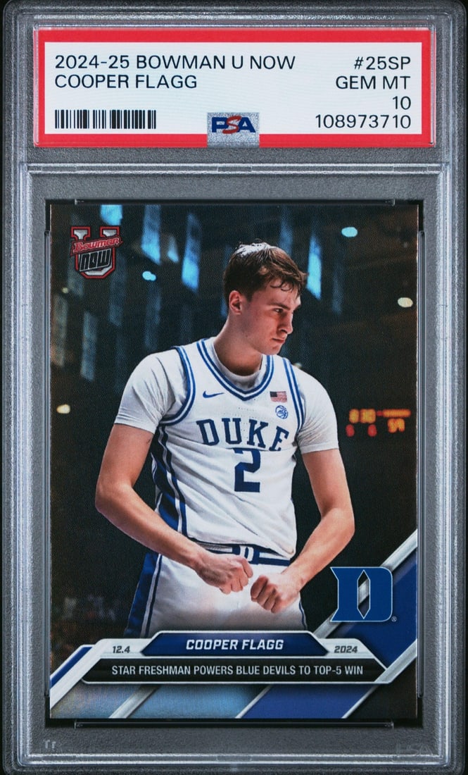 2024 Bowman U Now Cooper Flagg Rookie Card PSA 10 Duke Blue Devils: 2024 Bowman U Now Cooper Flagg Rookie Card PSA 10 Duke Blue Devils This is a pristine 2024 Bowman U Now Cooper Flagg #25SP Rookie RC Basketball Card graded a perfect PSA 10. The card features Cooper F