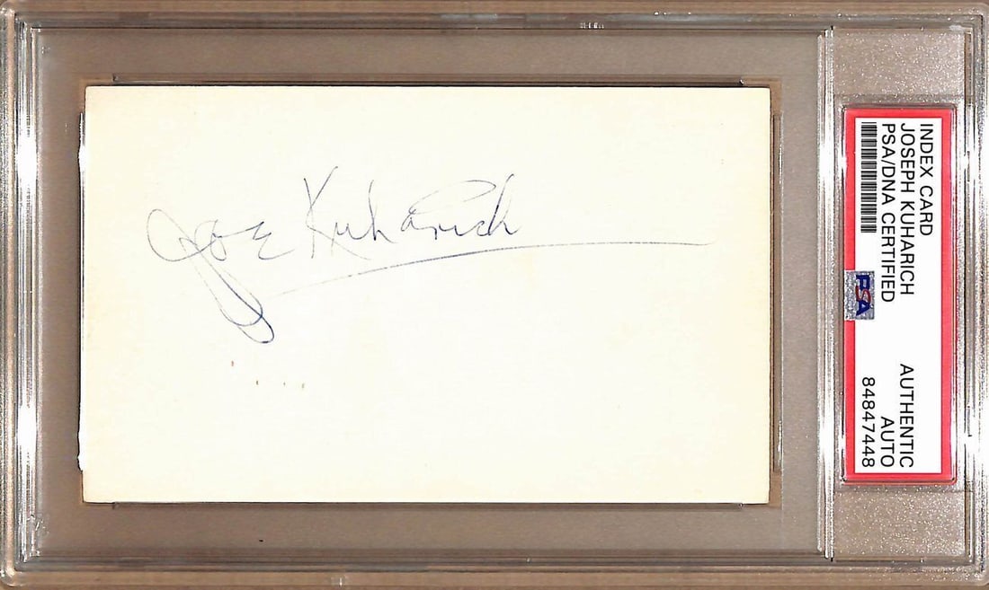 Joe Kuharich Autographed Notre Dame Index Card PSA/DNA: Joe Kuharich Autographed Notre Dame Index Card PSA/DNA This offering features a Joe Kuharich autographed 3x5 index card, showcasing the legendary coach from Notre Dame and the Philadelphia Eagles. The