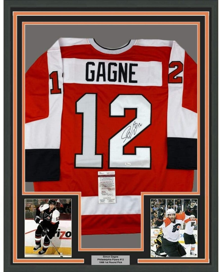 Framed Autographed Simon Gagne Philadelphia Flyers Jersey JSA COA: Framed Autographed Simon Gagne Philadelphia Flyers Jersey JSA COA This professionally framed and matted jersey features the autograph of Simon Gagne, a notable player from the Philadelphia Flyers. The