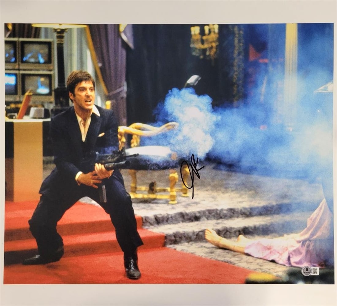 Al Pacino Signed Scarface 16x20 Photo Beckett Authenticated: Al Pacino Signed Scarface 16x20 Photo Beckett Authenticated This is an original 16x20 photograph of Al Pacino as Tony Montana from the iconic movie "Scarface." The photo is signed by Al Pacino and com