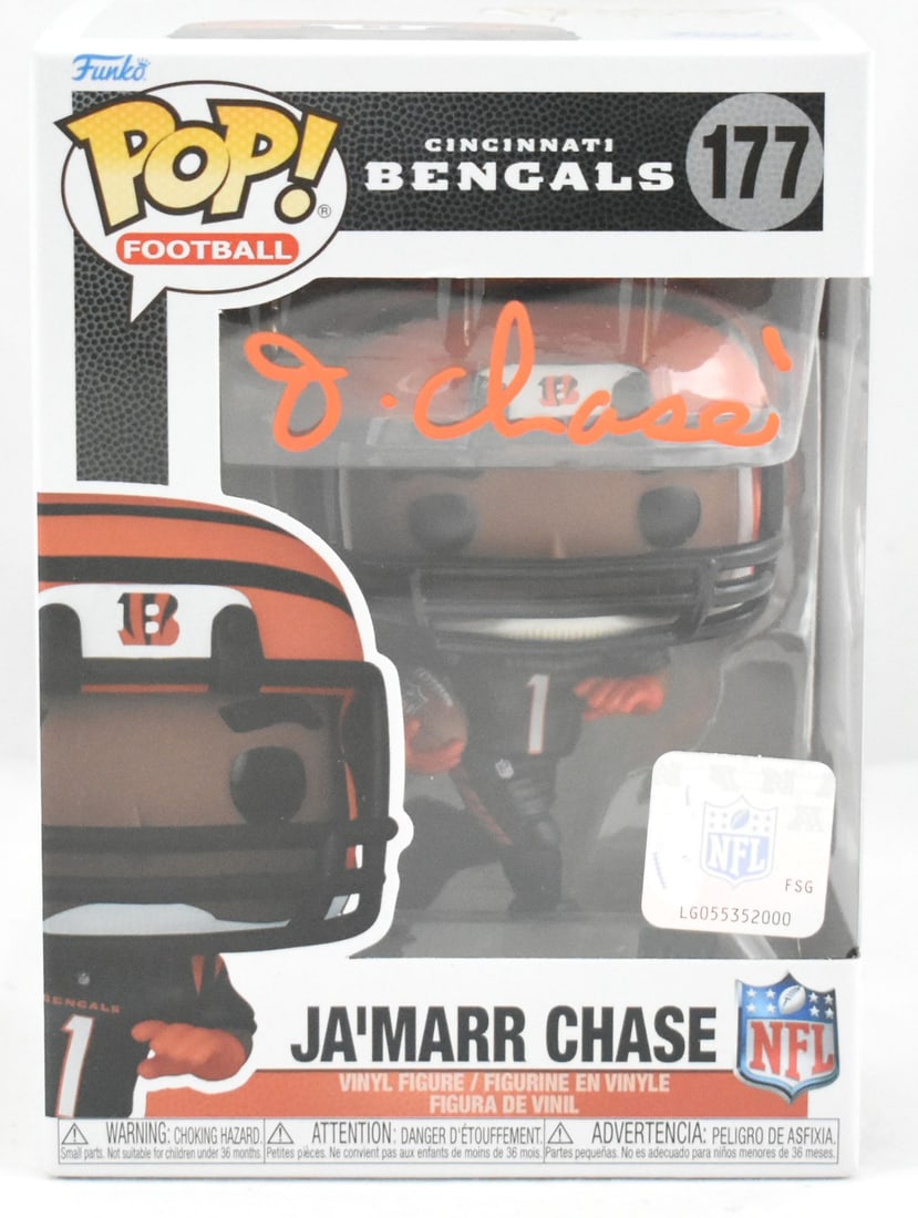 Ja'Marr Chase Autographed Funko Pop #177 Cincinnati Bengals Beckett W Hologram: Ja'Marr Chase Autographed Funko Pop #177 Cincinnati Bengals Beckett W Hologram This is a pre-owned Funko Pop! figure of Ja'Marr Chase, the talented wide receiver for the Cincinnati Bengals. This colle