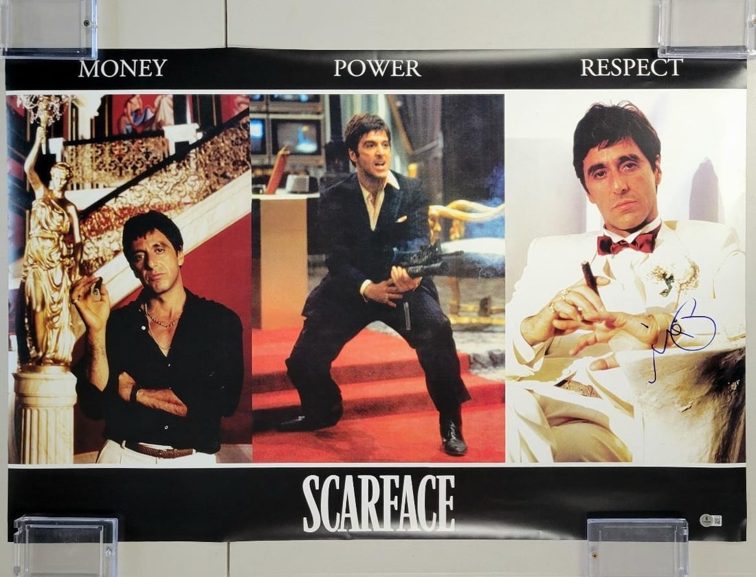 24x36 Scarface Movie Poster Signed by Al Pacino Beckett Authenticated: 24x36 Scarface Movie Poster Signed by Al Pacino Beckett Authenticated This original Scarface poster features the autograph of Al Pacino, who portrayed Tony Montana in the iconic film. The poster measu