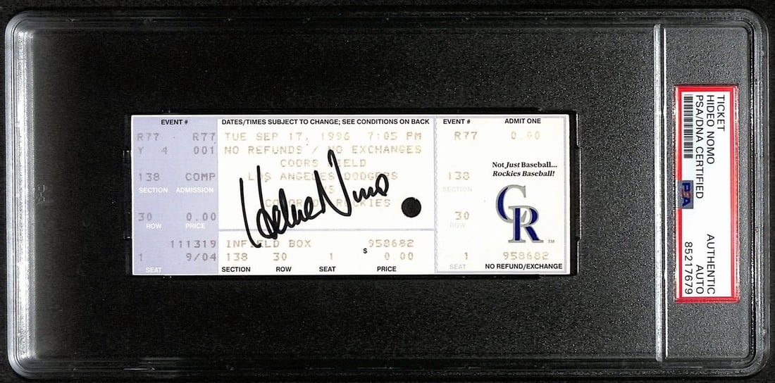 Hideo Nomo Signed Full Ticket Dodgers No-Hitter PSA/DNA: Hideo Nomo Signed Full Ticket Dodgers No-Hitter PSA/DNA Offered is an original Hideo Nomo signed full ticket from the historic No-Hitter game played on September 17, 1996, between the Los Angeles Dodg
