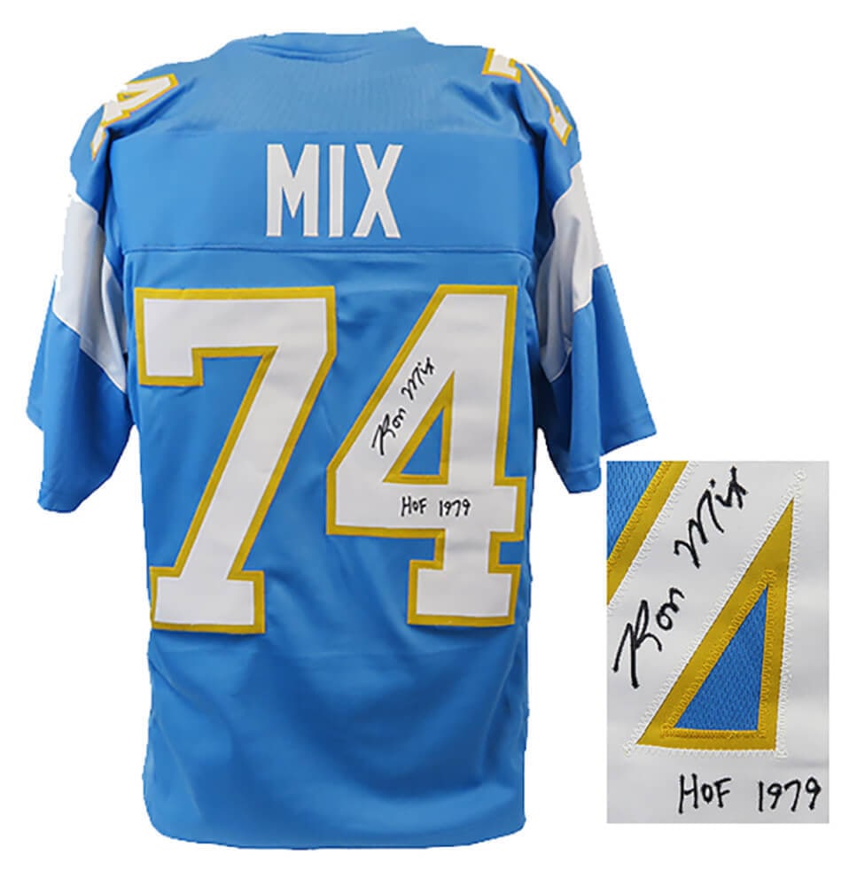 Ron Mix Signed Chargers Jersey with HOF 1979 Inscription: Ron Mix Signed Chargers Jersey with HOF 1979 Inscription This is a pre-owned, powder blue custom football jersey signed by Ron Mix, featuring the inscription 'HOF 1979'. The jersey is an original item