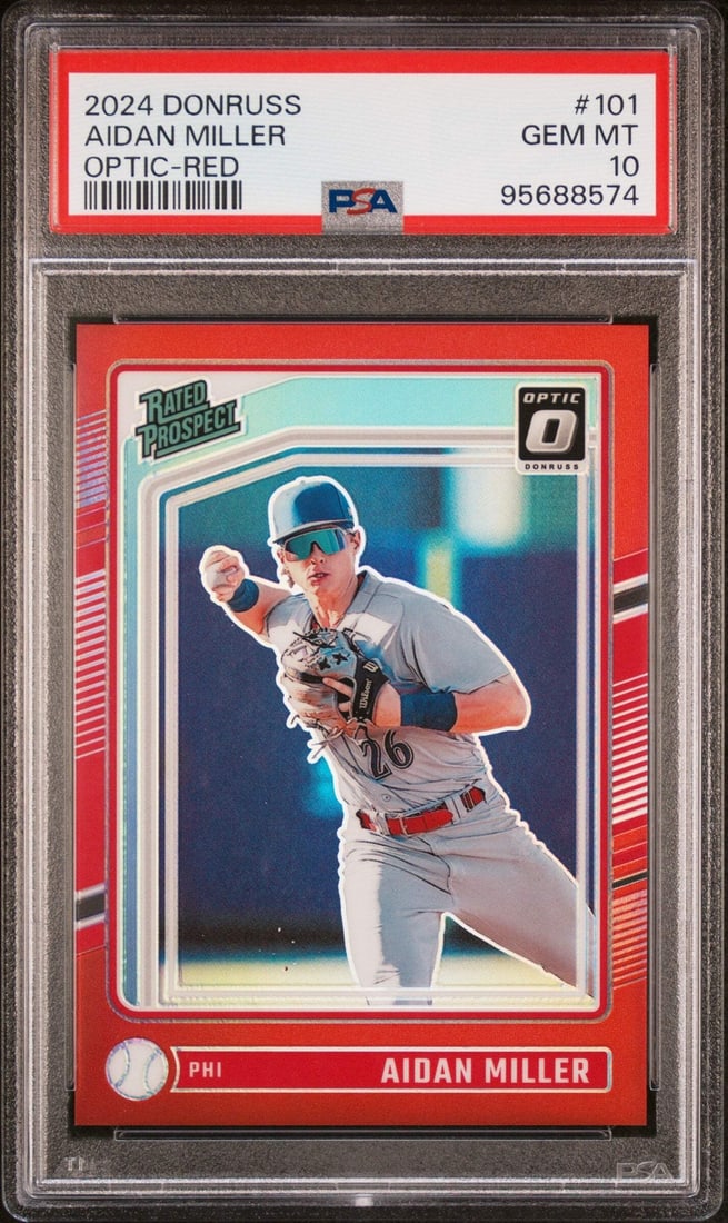 2024 Panini Donruss Aidan Miller #101 Optic Red #/99 PSA 10 Baseball Card (1 of 2)