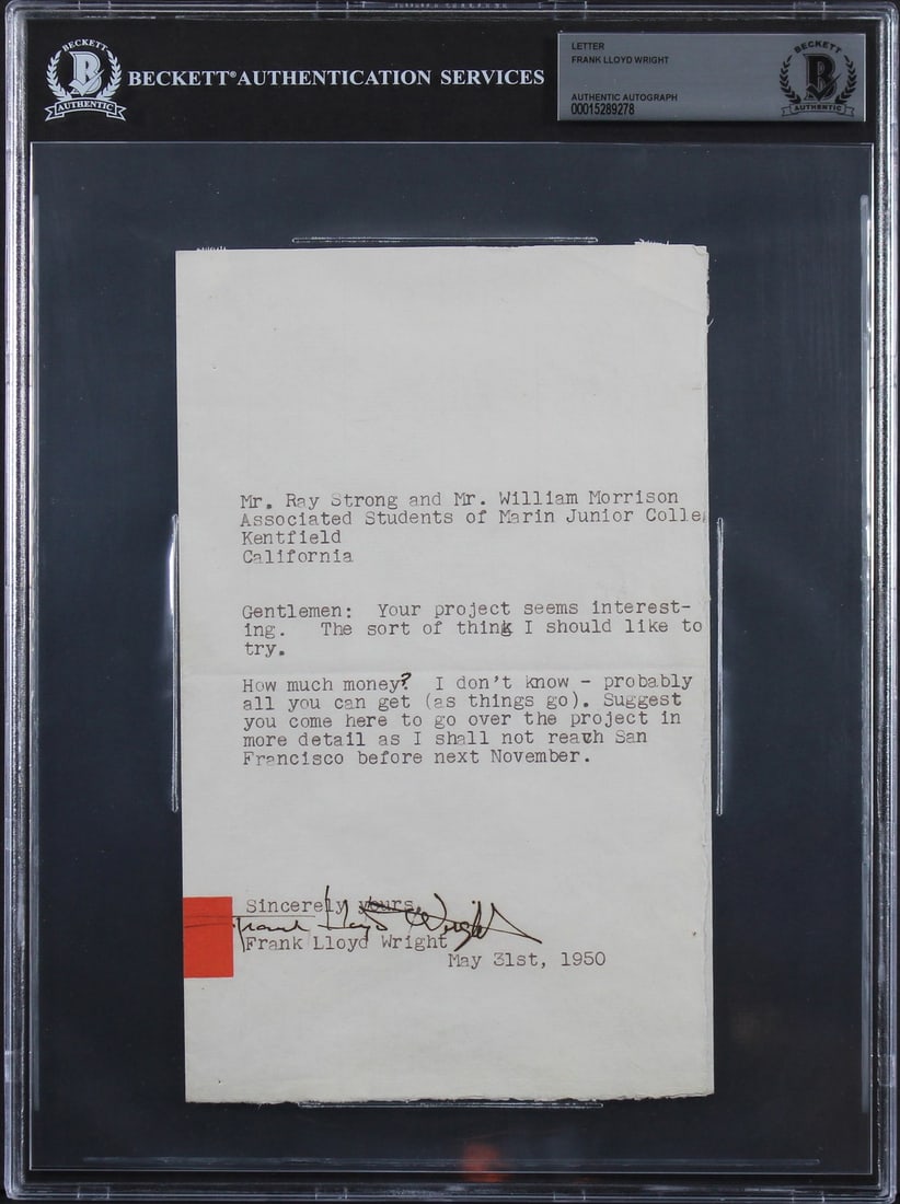Frank Lloyd Wright Signed Letter 5.15x8.6 BAS Authenticated 1950 (1 of 5)