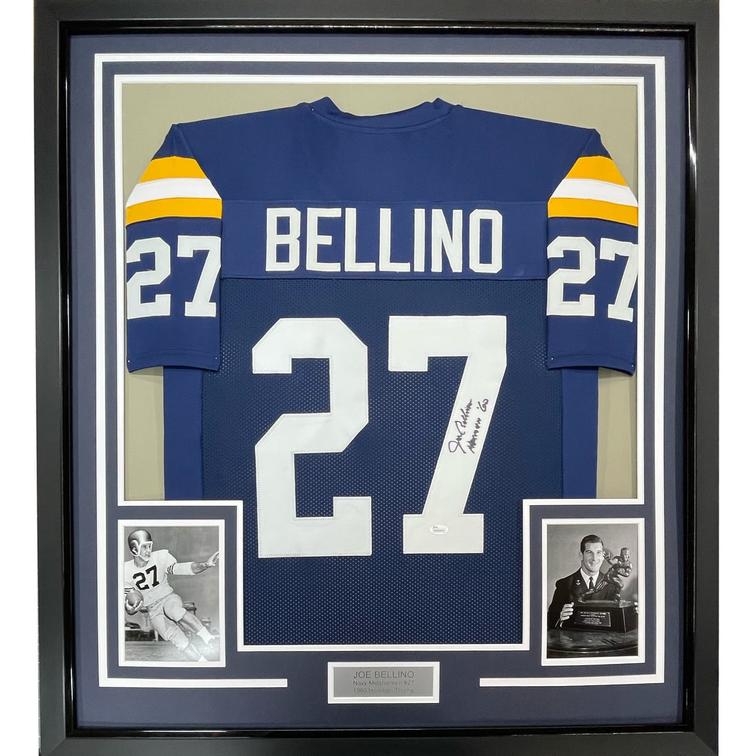 Framed Autographed Joe Bellino Navy Midshipmen Jersey with JSA COA: Framed Autographed Joe Bellino Navy Midshipmen Jersey with JSA COA Showcase your pride for the Navy Midshipmen with this professionally framed autographed jersey of Joe Bellino. This original piece fe