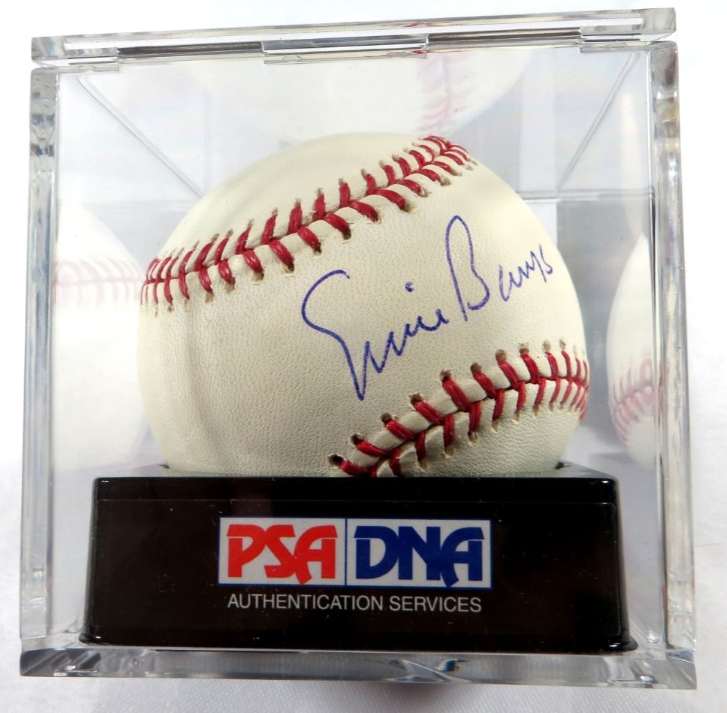 Ernie Banks Autographed Baseball PSA/DNA Mint+ 9.5 Chicago Cubs: Ernie Banks Autographed Baseball PSA/DNA Mint+ 9.5 Chicago Cubs This is an original autographed baseball by the legendary player Ernie Banks, encapsulated and graded Mint+ 9.5 by PSA/DNA. The item fea