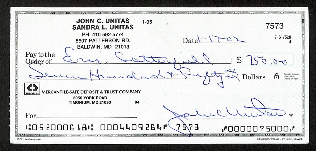 Johnny Unitas Autographed 2002 Bank Check Baltimore Colts JSA Authenticated (1 of 2)