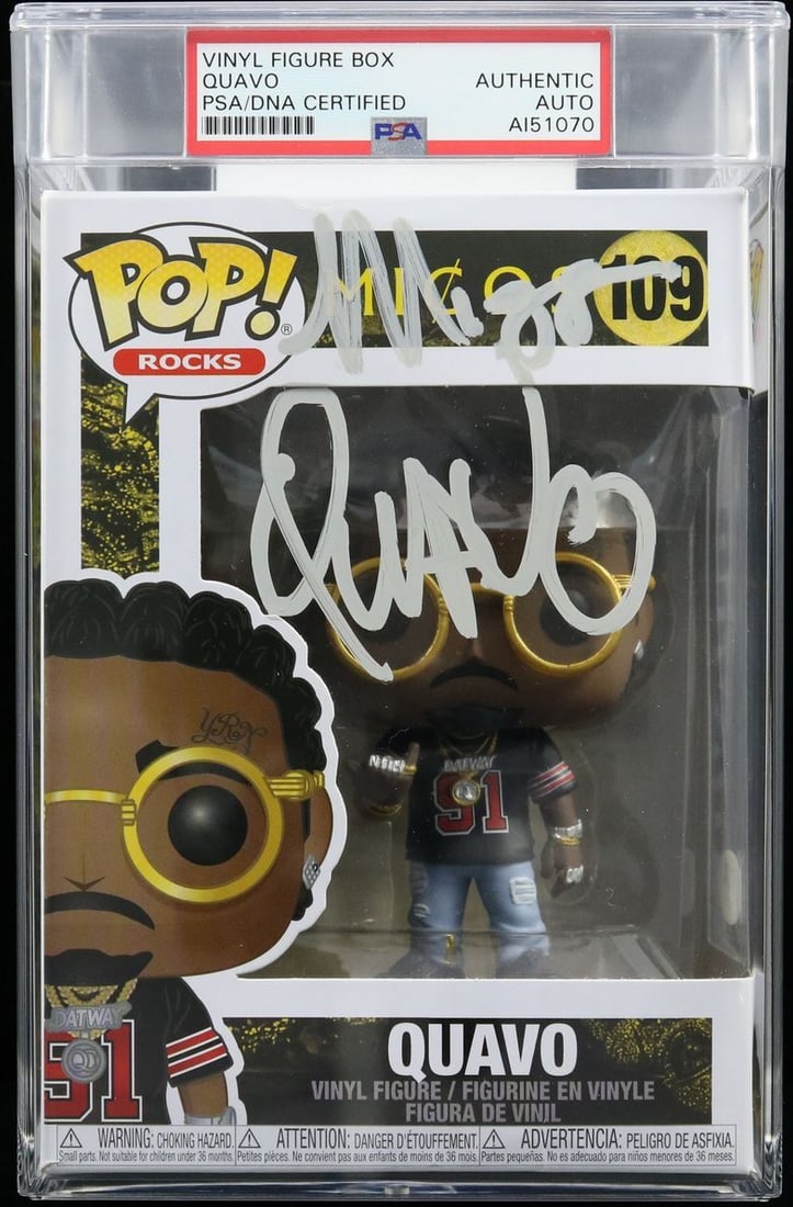 Quavo Huncho Signed Funko Pop #109 Migos PSA/DNA Authentic: Quavo Huncho Signed Funko Pop #109 Migos PSA/DNA Authentic This Funko Pop features the signature of Quavo Huncho, a member of the acclaimed music group Migos. The autograph is authenticated by PSA/DNA