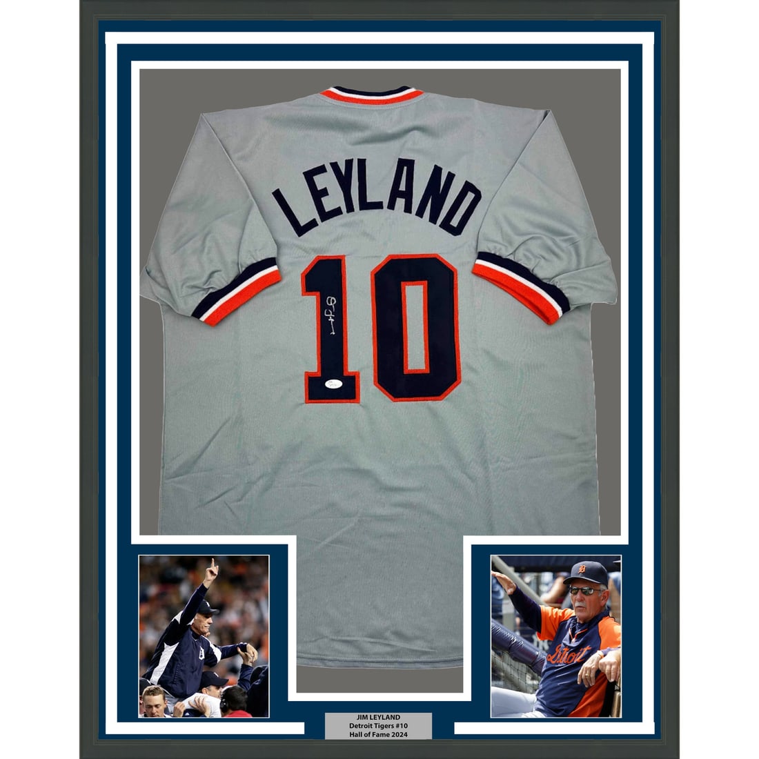 Framed Jim Leyland Autographed Detroit Tigers Jersey with JSA COA 35x39: Framed Jim Leyland Autographed Detroit Tigers Jersey with JSA COA 35x39 This professionally framed and matted piece features a signed Jim Leyland Detroit Tigers grey baseball jersey, perfect for any f