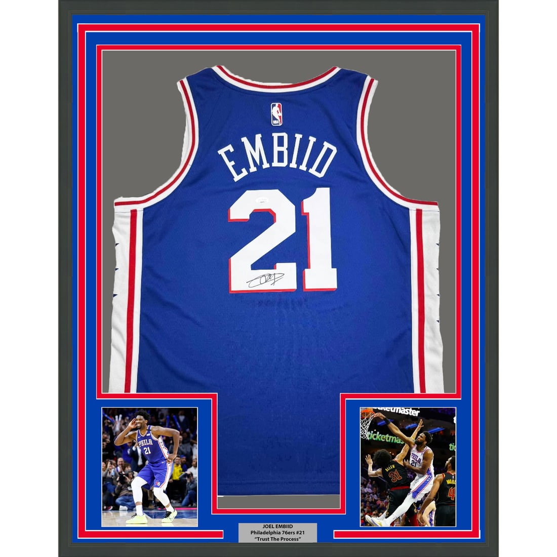 Framed Signed Joel Embiid Philadelphia 76ers Jersey with JSA COA 35x39 (1 of 2)