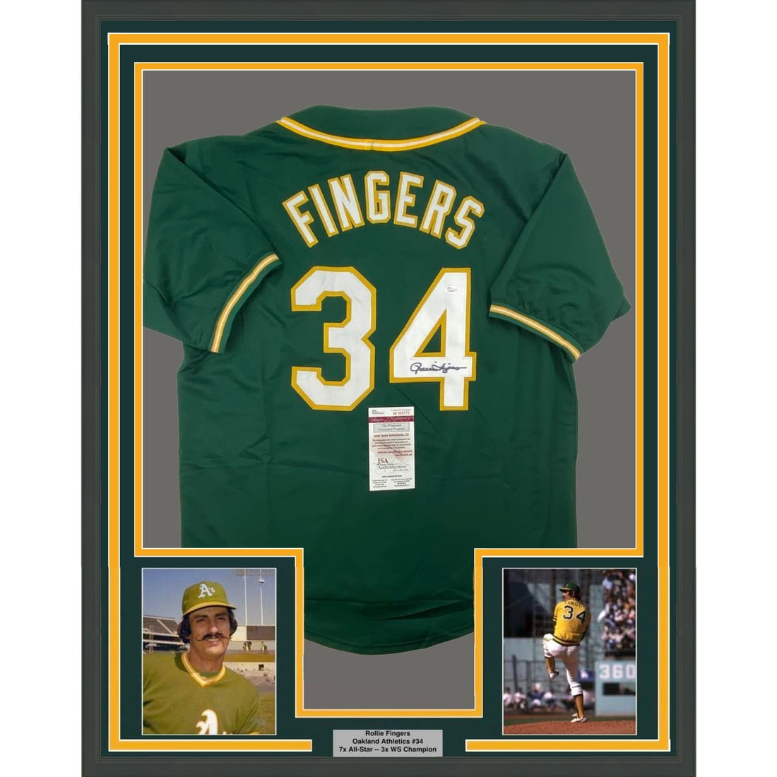 Framed Rollie Fingers Autographed Oakland Athletics Jersey JSA COA 33x42: Framed Rollie Fingers Autographed Oakland Athletics Jersey JSA COA 33x42 This professionally framed and matted piece features an autographed green jersey from Rollie Fingers, a legendary MLB player fo