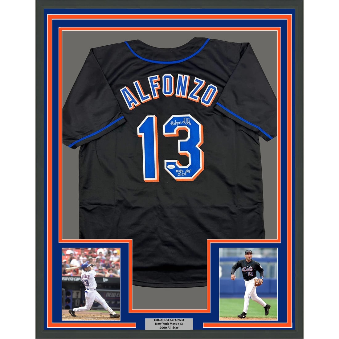 Edgardo Alfonzo Signed New York Mets Framed Black Jersey 35x39 JSA Authenticated: Edgardo Alfonzo Signed New York Mets Framed Black Jersey 35x39 JSA Authenticated This is a professionally framed and matted New York Mets black jersey autographed by Edgardo Alfonzo. The display inclu