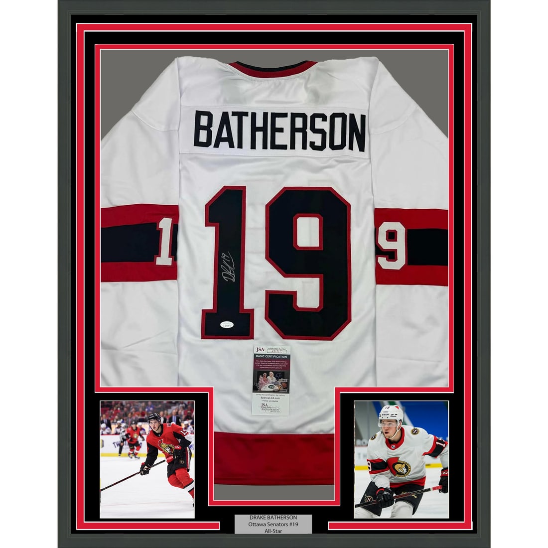 Framed Autographed Drake Batherson Ottawa Senators Jersey with JSA COA: Framed Autographed Drake Batherson Ottawa Senators Jersey with JSA COA Celebrate your passion for hockey with this professionally framed autographed jersey of Drake Batherson, featuring the Ottawa Sen