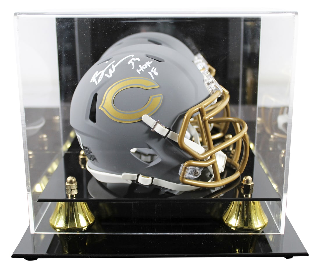 Brian Urlacher Signed Chicago Bears Mini Helmet HOF 18 with Beckett Authentication: Brian Urlacher Signed Chicago Bears Mini Helmet HOF 18 with Beckett Authentication This Chicago Bears mini helmet features a stunning slate design and is personally signed by Hall of Famer Brian Urlac