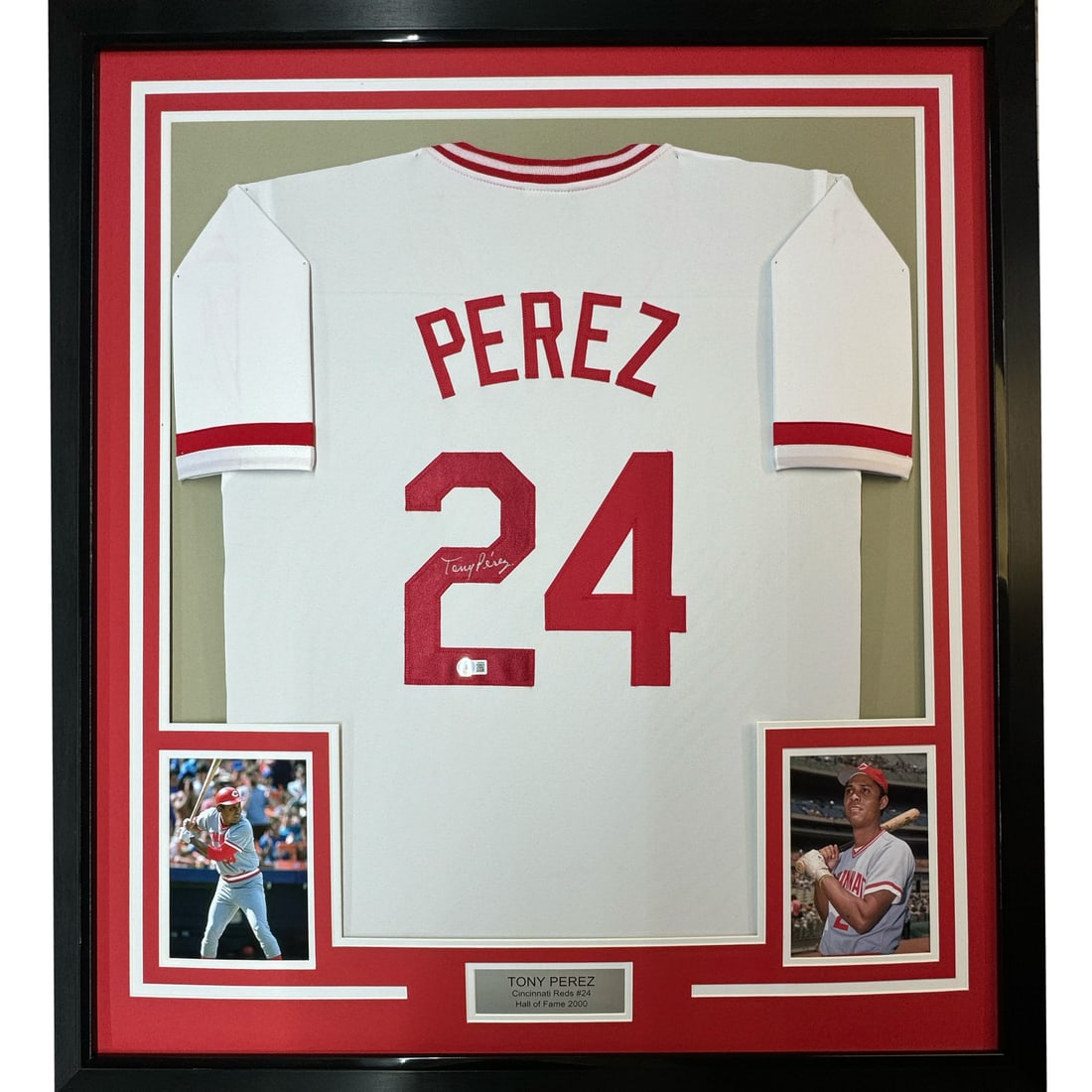 Framed Autographed Tony Perez Jersey Cincinnati Reds BAS COA 35x39: Framed Autographed Tony Perez Jersey Cincinnati Reds BAS COA 35x39 Celebrate the legacy of Tony Perez with this framed autographed Cincinnati Reds white jersey. This original piece features an authent