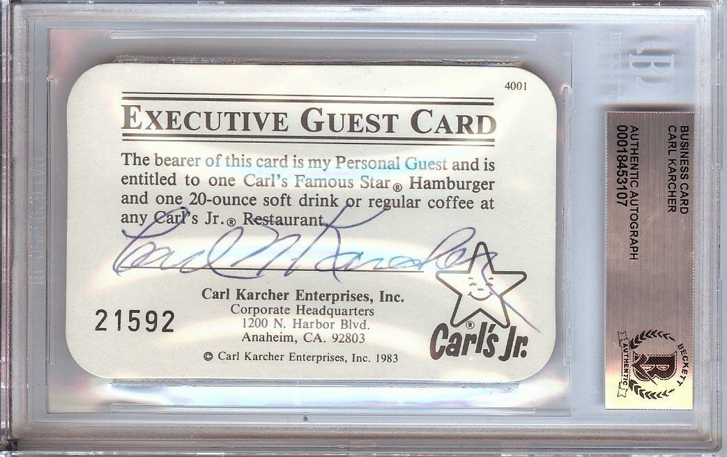 Beckett Authenticated Carl Karcher Signed Carl's Jr Business Guest Card (1 of 2)